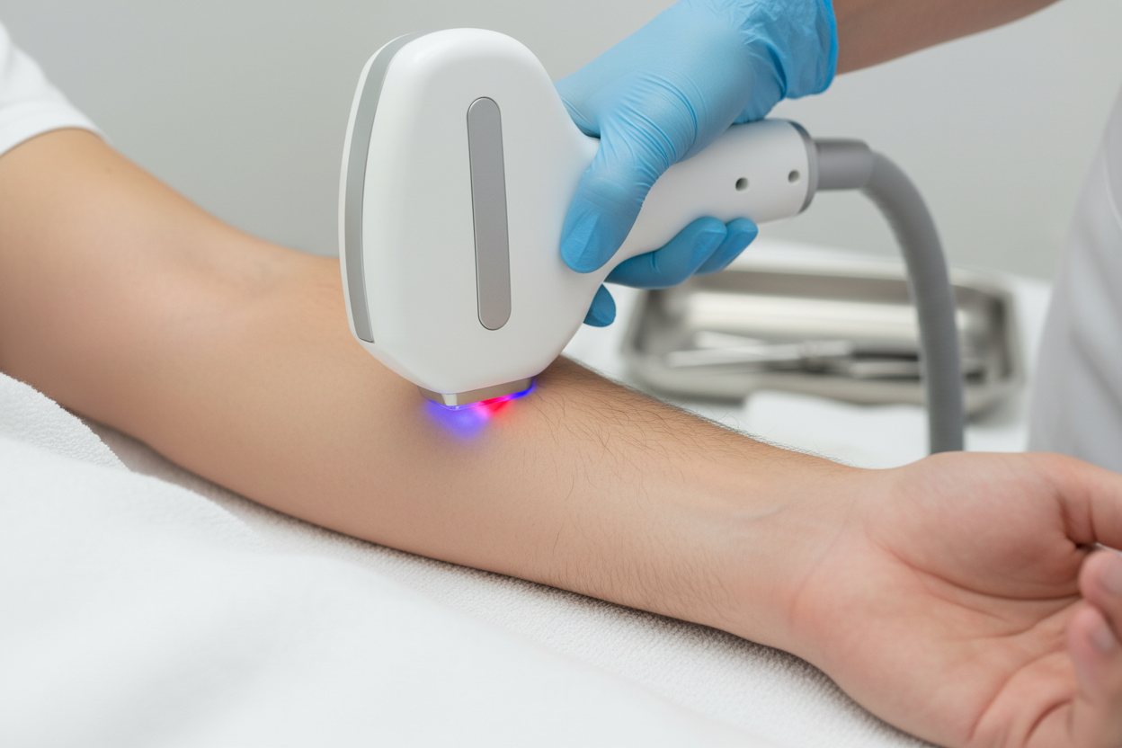close up image of a man having laser hair removal treatment on his arm