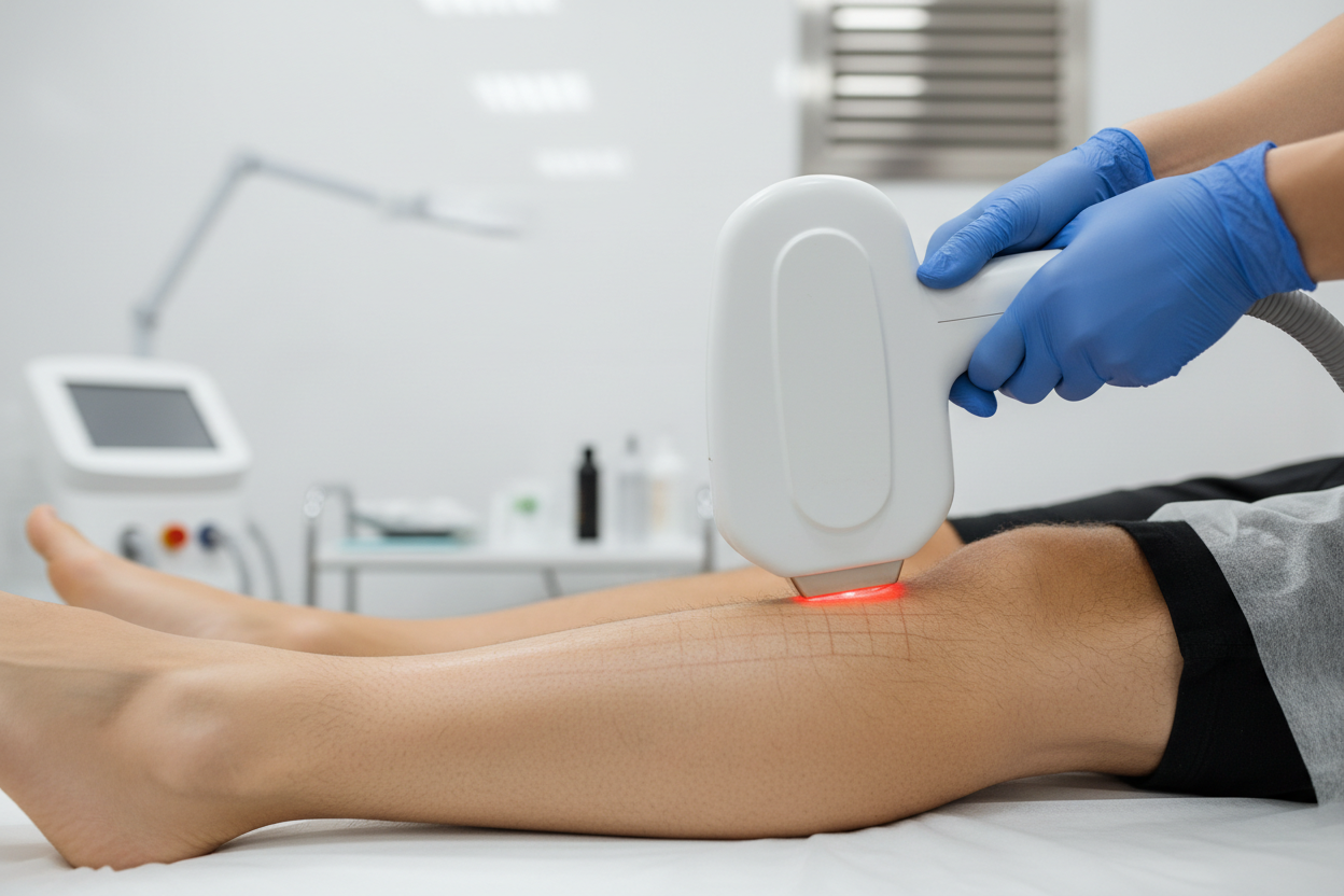 close up image of a man having laser hair removal treatment on his legs